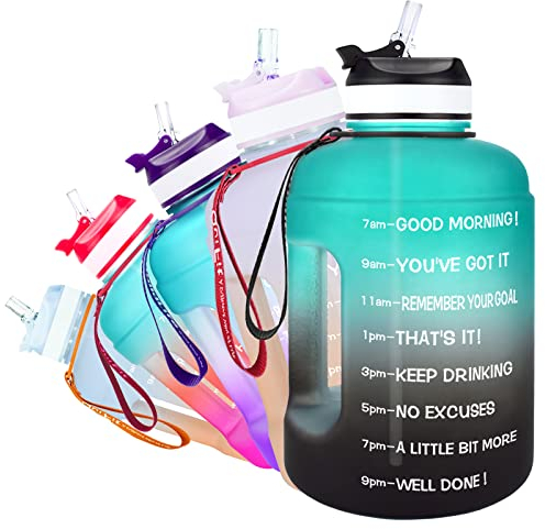 QuiFit 2.2 Litre Motivational Water Bottle - with Straw & Time Marker,Wide Mouth,BPA Free,Reusable,Ideal for Gym,Outdoor Sport,Home & Office (Green-Black, 2.2 Liter)