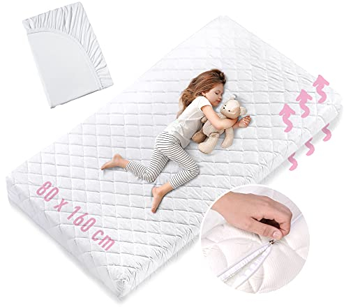 Matratze 80x160 Baby Kindermatratze 80x160 cm mit waschbarem Bezug für Kinder 10 cm hoch, mit Spannbettlaken aus 100% Baumwolle, Wendematratze eco5 Zertifizierung für Kinderbett Bodenbett
