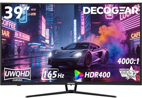 Deco Gear Monitor da gioco a schermo ampio curvo da 39, 2560 x 1440, MPRT da 1 ms, 165 Hz, 16:9, HDR400, 4000:1, 1 HDMI, 1 DisplayPort, edizione limitata in nero