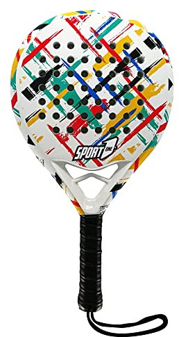 Sport1 racchetta da padel Winner 100% fibra di carbonio. Forma rotonda per giocatori avanzati. Pala reattiva e resistente ideale per giocatori con colpi potenti. Bianca con fantasia, unica