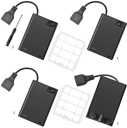 4 Pezzi 3x AA 4.5V Supporto Batteria con Interruttore On/Off e Coperchio, KUOQIY 4.5V Custodia per Batterie AA in Plastica con Presa USB Femmina, AA Porta Batterie, con Custodia Batteria in Plastica