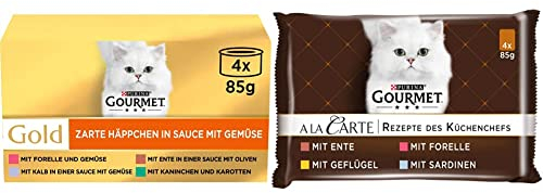 PURINA GOURMET Gold Zarte Häppchen in Sauce mit Gemüse Katzenfutter nass, Sorten-Mix, 12er Pack (12 x 4 Dosen à 85g) & A la Carte Katzenfutter nass, Sorten-Mix, 12er Pack (12 x 4 Beutel à 85g)