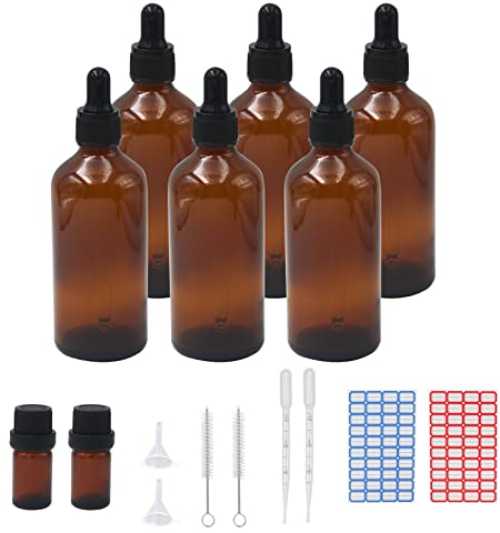 Episkey 6 Stück 100ml Pipettenflasche, Tropfflasche Braunglasflaschen Set inkl. 5ml mit schwarzer Pipettenkappe und Hilfszubehör für Ätherische Öle Parfüm Lösungen DIY-Probenmischungen (100ml)