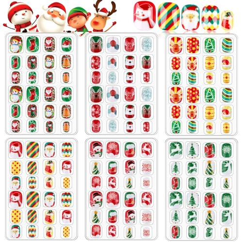 EBANKU 6 pièces Noël Enfants Faux Ongles, Autocollants Adhésifs Couverture ère Noël Bonhomme De Neige Arbre De Noël Complète Ongles Mignons pour Filles DIY Nail Art Décoration -C