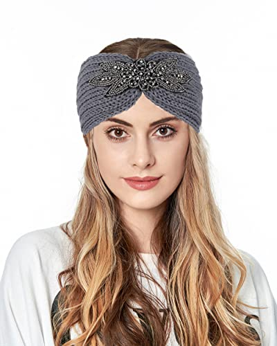 Fashband Winter Stricken Stirnbänder Twist Rhinestones Stirnband Elastische Ohrwärmer Dicke Kopfbedeckungen für Frauen und Mädchen(Grau)