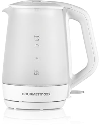 GOURMETmaxx Glas Wasserkocher | 1,7 Liter Fassungsvolumen Füllmengen-Anzeige für genaues Abmessen & Energie sparen | Kabelloser 360° Bedienkomfort | 2200 Watt, LED Beleuchtung [Frosted Glass/weiß]
