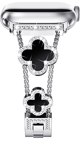 NewWays Compatible for Apple Watch Band Series 11 10 42mm Series 9/8/7 41mm Series 6/5/4 40mm Series3 38mm for Women, Bling Diamonds Four Leaf Clover Bracelet for iWatch Womens, Silver/Black