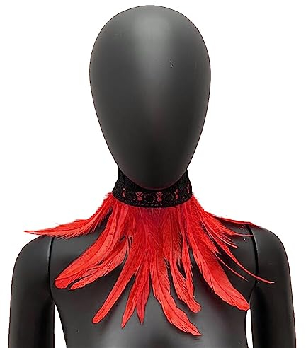 MoreChioce Gothic Federkragen Halsband, Natürlichen Feder Halsband Federboa Choker Kragen Halloween Schal Cape für Frauen und Mädchen Party Glamour Kostüm Party,Rot