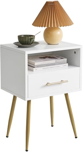 IBUYKE Nachttisch, Mid-Century Modern Nachttisch mit Beinen, Minimalistischer und praktischer Beistelltisch mit 2 Etagen Stauraum, für Schlafzimmer, Wohnzimmer, Weiß WNS004W