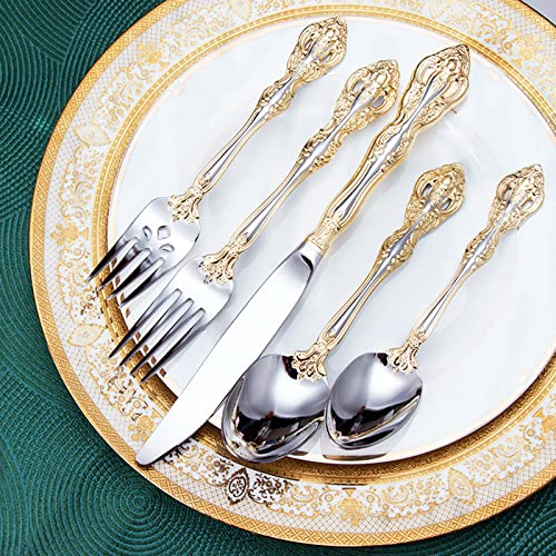 Servizio di posate placcato oro 24K da 20 pezzi per 4 persone, set di posate in acciaio inossidabile 18/10, set di posate retrò di lusso, lavabile in lavastoviglie lucidato a specchio (vintage placca