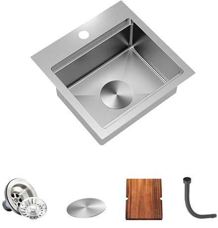 Torva Fregadero de acero inoxidable para autocaravana, cuadrado, con tabla de cortar, barra de 15 cm de profundidad, lavabo de preparación de 38 x 38 x 15 cm