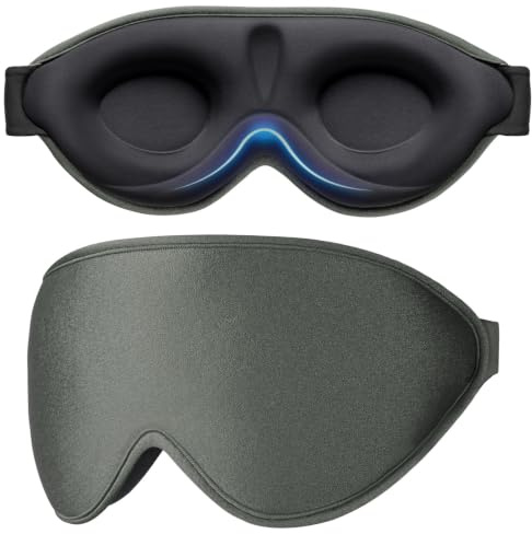 Gritin Schlafmaske für Seitenschläfer 3D Schlafbrille Bequem,Dunkelgrau | Verstellbar Gummiband, Lichtblockierend und Atmungsaktiv, Ergonomisch Augenmaske für Mann und Frau, 2 Paar Ohrstöpseln