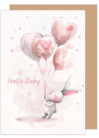 Edition Seidel Biglietto di auguri di nascita di alta qualità con busta. Hello Baby ragazzo ragazza arcobaleno bambini palloncini coniglietto rosa (E281 SW024)