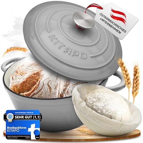 KITAPO Gusseisen Topf [inkl. Gärkorb + Teigtuch] - Hochwertiger Emaille Topf 24cm- Idealer gusseiserner Brottopf zum Backen, Gusseisentopf Brotbacken, Brot Backen Zubehör, Bräter