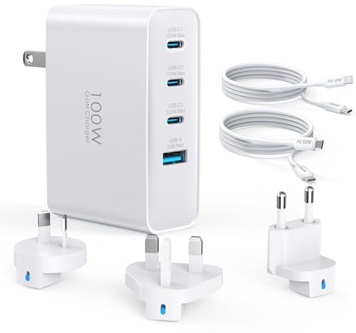 100W USB C Travel Charger, 4-Ports Foldable Travel Adapter Plug Converter with UK/EU/AU Plugs,Fast Charging for Macbook Pro/Air,for iPad Pro/iPhone 16/15 Pro Max, for Galaxy S24 S23, White