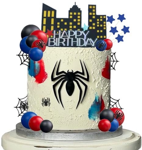 YEAHBEAR Spider Cake Topper Balls Cake Decorations with Spider Web Red Blue Black Balls and Happy Birthday Topper for Boys Men Birthday Party Baby Shower Supplies