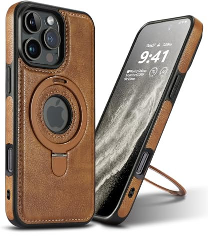 VAUSERDY Magnetic for iPhone 16 Pro Max Leather Case,Invisible Stand [Compatible with Magsafe] Slim Kickstand Phone Cove(Brown, iPhone 16 Pro Max)