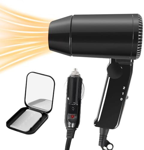 Gobesty Mini Auto Haartrockner, Tragbarer Reise Föhn 120 W bis 216 W, 12V Föhn Klein mit Klappgriff, Zigarettenanzünder, Camping Haartrockner mit 2 Windstufe Heiß/Kalt Taste Kommt mit Spiegel und Kamm