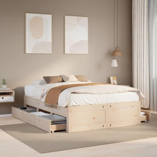 vidaXL Solid Pine Wood Bed Frame with Storage Drawers - 160x200 cm - Includes Slatted Base - Modern Rustic Charm