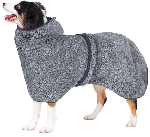 Bienbee Weicher Hundebademantel, super saugfähig und schnell trocknend, mit Kapuze, gemütlicher Trockenmantel für nach dem Baden, Grau, Größe XXL
