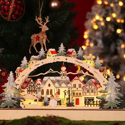 Chandelier à LED de Noël - Village de Noël avec éclairage - Décoration de Noël lumineuse - En bois - Fonctionne avec piles - Décoration de Noël pour table (A)