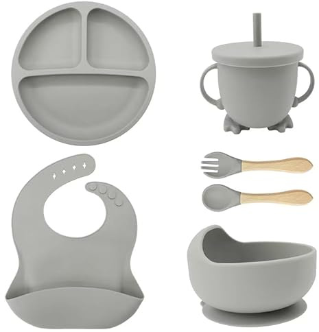 Eliano 6-teiliges Silikon-Baby-Geschirrset – rutschfester Teller & Schüssel, Becher mit Strohhalm, Löffel, Gabel & Lätzchen – BPA-frei, spülmaschinenfest, mikrowellengeeignet, ab 6 Monaten (Grau)