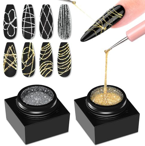 SAVILAND Elastisches Spinnengel UV Nagellack: 2 Farben 5ML Liner Gel Nail Art Spider Gel Nagellack, Ultra Glitzernd Gold Silber Spider gel für Nail Art Design Point Line Anfänger Nägel Selber Machen