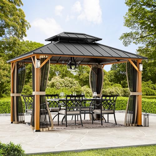 Modern Shade Horizon Tonnelle Rigide 3 x 3,6m avec 4 lumières LED, Tonnelle de Jardin Exterieur Fixe avec Double Toit en Acier Galvanisé, Barbecue avec Crochets Décoratifs Moustiquaires