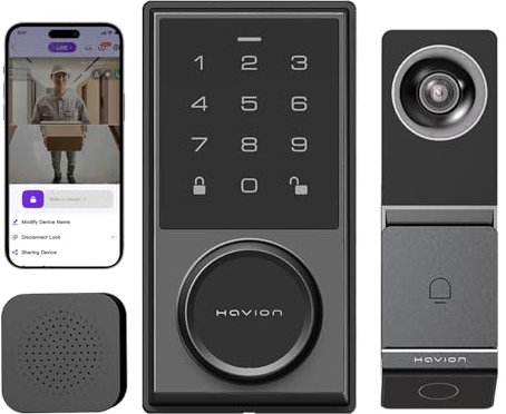 Wireless Video Doorbell w/Smart Lock Set - Incl. Chime, Dual Cameras, 5MP 3K QHD, 2'' Screen & 32GB eMMC, Motion Detection & Real-time Alert, 2-Way Audio, Door Bell and Keyless Entry Front Door Lock
