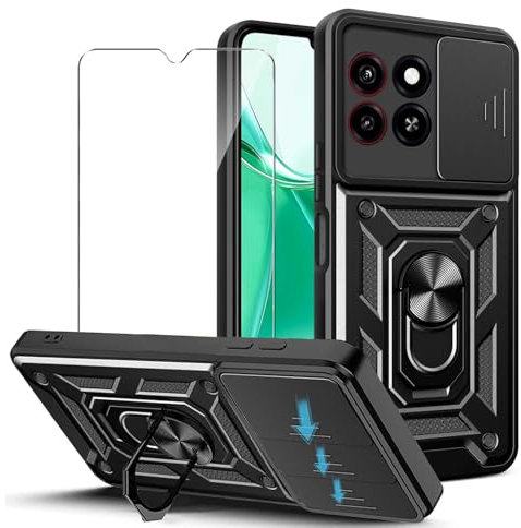 JDXHFF Hülle Kompatibel mit ZTE Blade A35 / ZTE Blade A55 (6.75) und 1 x Panzerglas Displayschutzfolie - Weiche TPU und Hart PC Silikon Tasche Schutzhülle mit 360 ° Grad Ring Ständer Case Schwarz