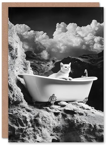 Artery8 Greeting Card Cat Lover Pet Bathtub on Mountain Cliff Surreal Blank For Him Or Her Art Birthday Card