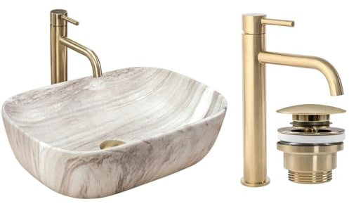 GTM Design Aufsatzwaschbecken Matt Set mit Waschtischbatterie und Stopfen - Aufsatzwaschbecken Oval für Badezimmer - Modern Waschbecken ohne Hahnloch - Waschbecken mit Armature - Modell 1