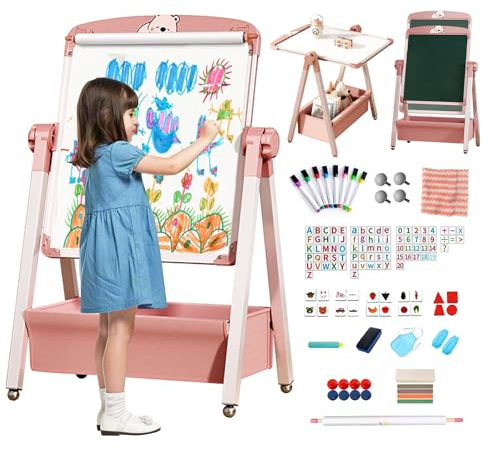 Chidiam Kinder Tafel Staffelei mit Papierrolle Metall Kindertafel Doppelseitige Whiteboard Und Kreidetafel 360 drehbare Höhenverstellbar Standtafel mit Zahlen und Anderem Zubehör für Kinder