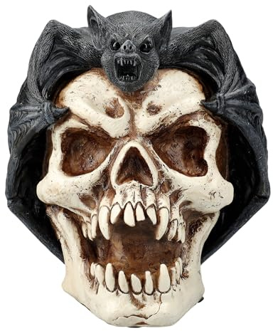Totenkopf Figur mit Vampir-Fledermaus – Gothic Deko Skulptur, mystische Schädel Statue 14,5 cm