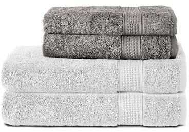 Komfortec 4er Handtuchset aus 100% Baumwolle, 2 Handtücher 50x100 cm und 2 Badetücher 70x140 cm Set, Frottee, Weich, Anthrazit/Weiß