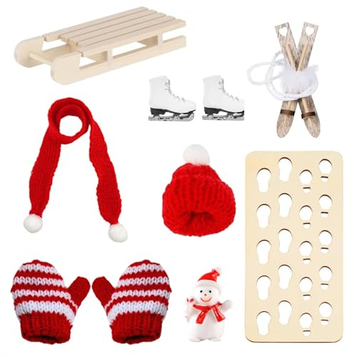 Wichtel Zubehör Weihnachten – Mini Skiset mit Schlitten, Holzskiern, Skistiefeln, Mütze, Schal & Fußspuren – Puppenhaus & Wichteltür Deko, Wichtel Geschenke