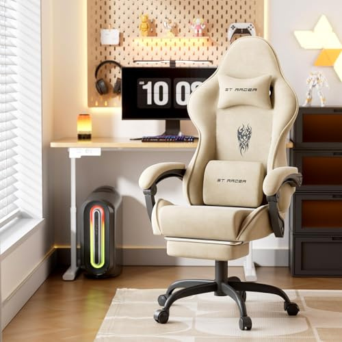 WoRaum Silla Gaming con Masajeador,Silla Gamer Reposapiés y Reposacabezas Retráctil,Silla Oficina Material de Terciopelo cómodo,Arroz Blanco