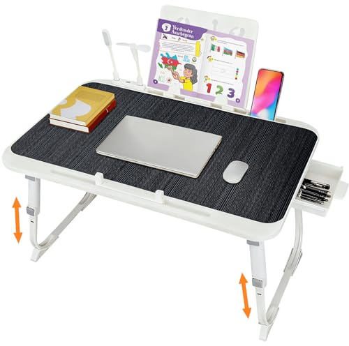 Laptop Bed Table, Adjustable Height Lap Desk, Foldable Laptop Desk with USB Charge Port, Desktop Card Slot, Side Drawer, Portable Lap Table for Bed Eating Reading Working (Black)