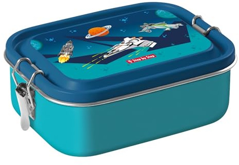 Step by Step Edelstahl-Lunchbox „Starship“ blau, mit herausnehmbarer Trennwand, Dichtung und Clip-Verschluss, BPA-frei, für Kindergarten und Schule, 0,8 Liter
