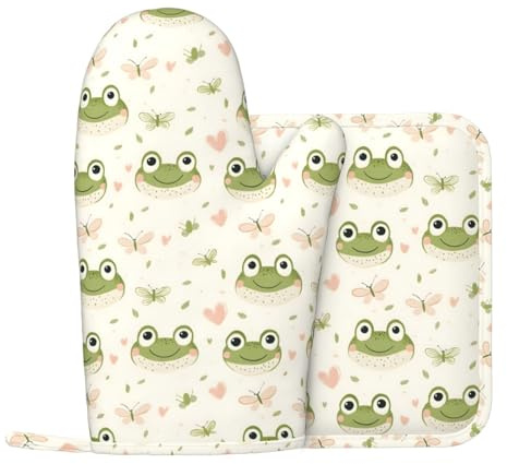 Ofenhandschuhe und Topflappen-Sets mit Frosch-Motiv, hitzebeständige Silikon-Ofenhandschuhe, Topflappen für Küche, Kochen, Backen, rutschfeste Ofenhandschuhe, heiße Pads, Topflappen
