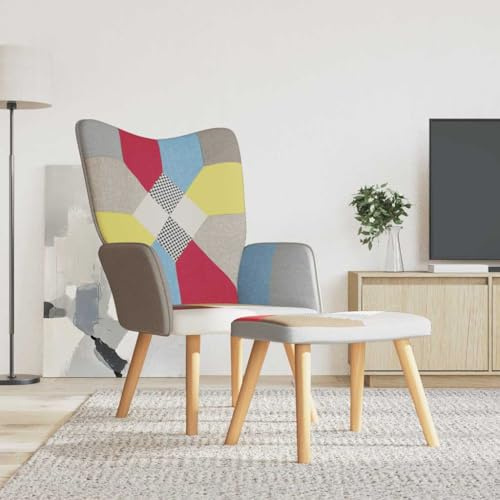 Chaise de Relaxation avec Repose-Pieds, Fauteuil Patchwork Multicolore en Tissu Polyester Doux, Confortable pour Salon et Bureau, Design Moderne Stable avec Cadre Acier et Pieds en Bois