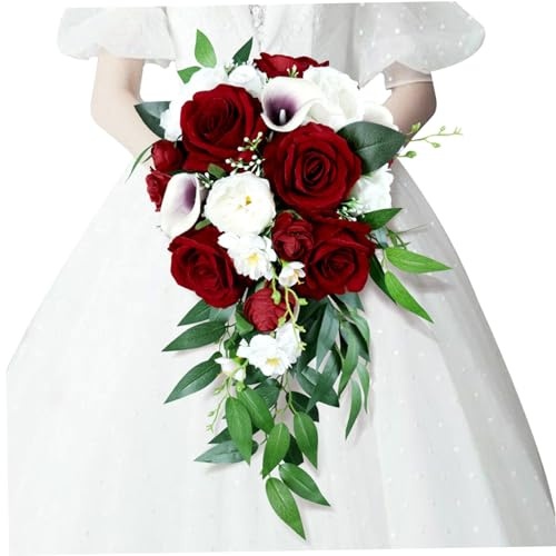 Peosaard Bouquet de Mariage, Bouquets de Mariage pour mariée, Bouquet lys Calla Rouge vin Blanc et Rose, Cascade Rustique Artificielle en Cascade pour cérémonie, Bouquets mariée