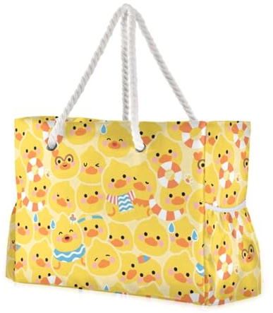 miaozhen Bolsa de playa de verano resistente con cremallera de dibujos animados de pato amarillo para mujer con portavasos y portavasos en el lateral