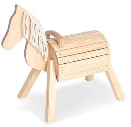 PINOLINO Holzpferd Nelli, Spielpferd aus Birke & Fichte, klar lackiert, Reitpferd mit Stauraum, Holzpony mit Mähne aus Baumwolle, 70x33x55 cm, fürs Kinderzimmer, bis 40 kg, für Kinder ab 2 Jahren,