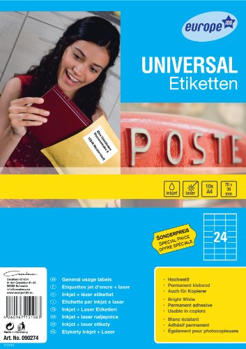 europe 100 90274 Universal Etiketten, 70x36 mm, 10 Blatt, 240 Etiketten, weiß