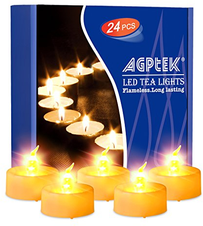 AGPTEK Timer-Funktion, 24 Stück flammenlose LED Kerzen, inkl CR2032 und Batterie austauschbar, Warm Gelb, 24er Pack Flackernd Warmweiß