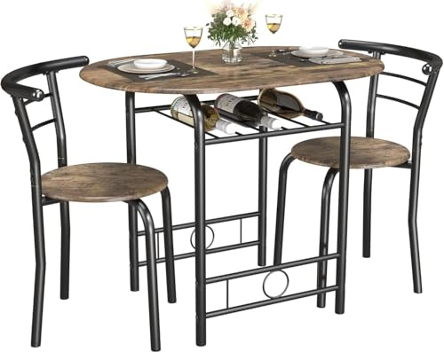 JUMMICO 3-Piece Wooden Round Table & Chair Set, Space Saving Kitchen Breakfast Nook Wood Grain Tabletop with Metal Frame and Built-in Wine Rack for Kitchen, Dining Room (Walnut/Black)