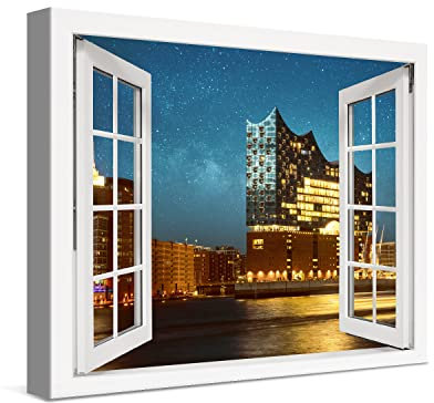 PICANOVA – Premium Leinwanddruck – Leinwandbild Hamburg Hamburger Elbphilharmonie im Fenster 40x30cm – Kunstdruck Auf 2cm Holz-Keilrahmen Für Schlaf- Und Wohnzimmer – Kollektion Deutschland