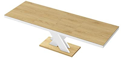 Design Esstisch HEN-111 Eiche Natur/Weiß Hochglanz ausziehbar 160 cm bis 256 cm Esszimmertisch für bis zu 10 Personen Hochglanz Funktionstisch modern vielseitig Esszimmer erweiterbar zeitlos