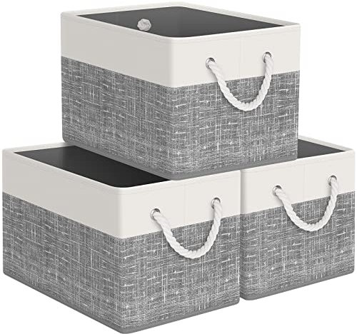 StorageTastic Aufbewahrungskorb, zusammenklappbarer Aufbewahrungskorb zum Organisieren, große Aufbewahrungsboxen mit Seilgriffen, Aufbewahrungsbehälter, Kleider-Organizer, Weiß und Grau, 3 Stück